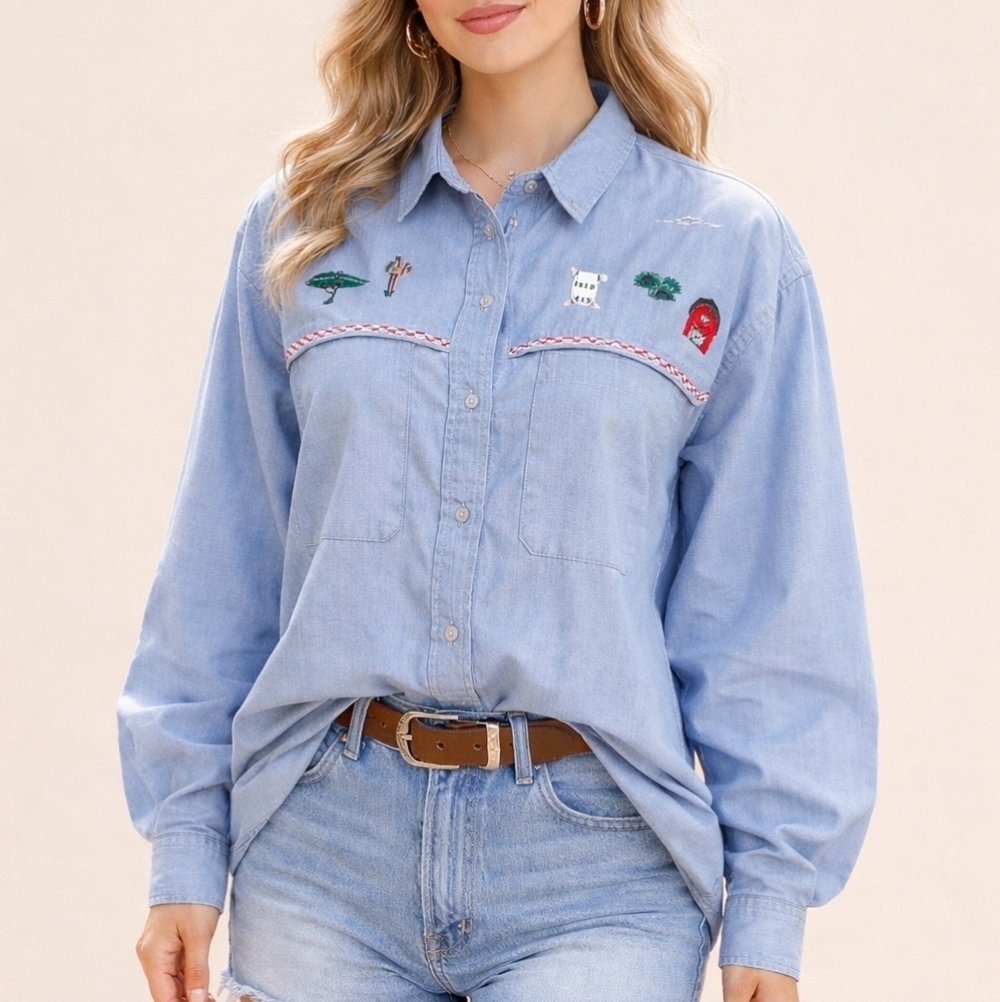VTG OL' PAINT Oversized Farm Country Chambray Button Down Rodeo Shirt